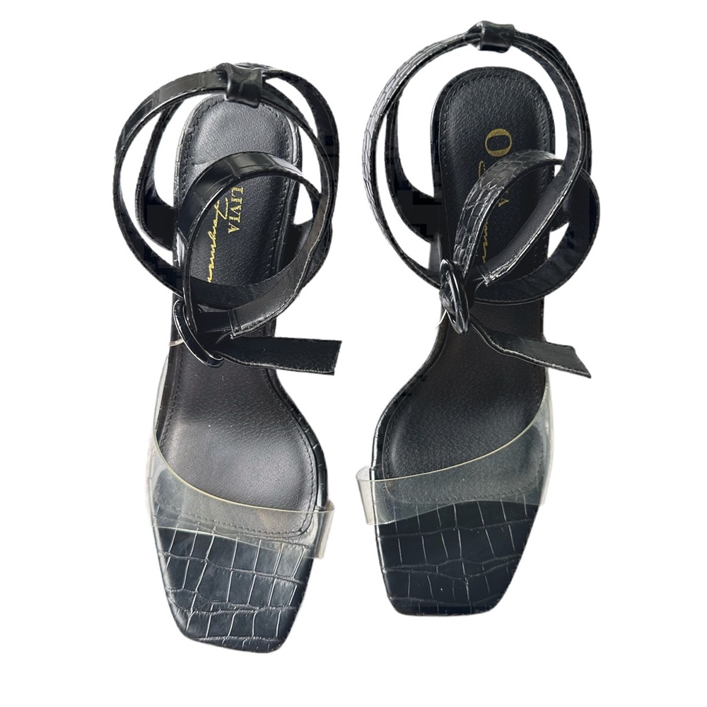 Olivia Ferguson Black Crocodile Block Heels with clear toe straps size 10 - Picture 7 of 10